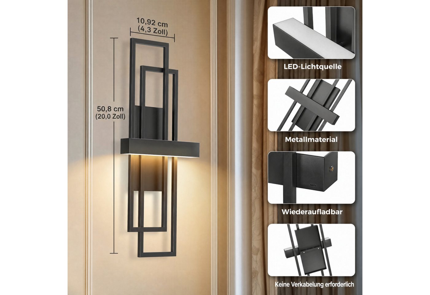 LOHAS-LED Wandleuchte Aufladbare geometrische Metall-Wandleuchten 2er-Set matt schwarz, LED fest integriert, Warmweiß, 8000mAh Akku mit Touch & RF-Fernbedienung, stufenlos dimmbar Bild 2