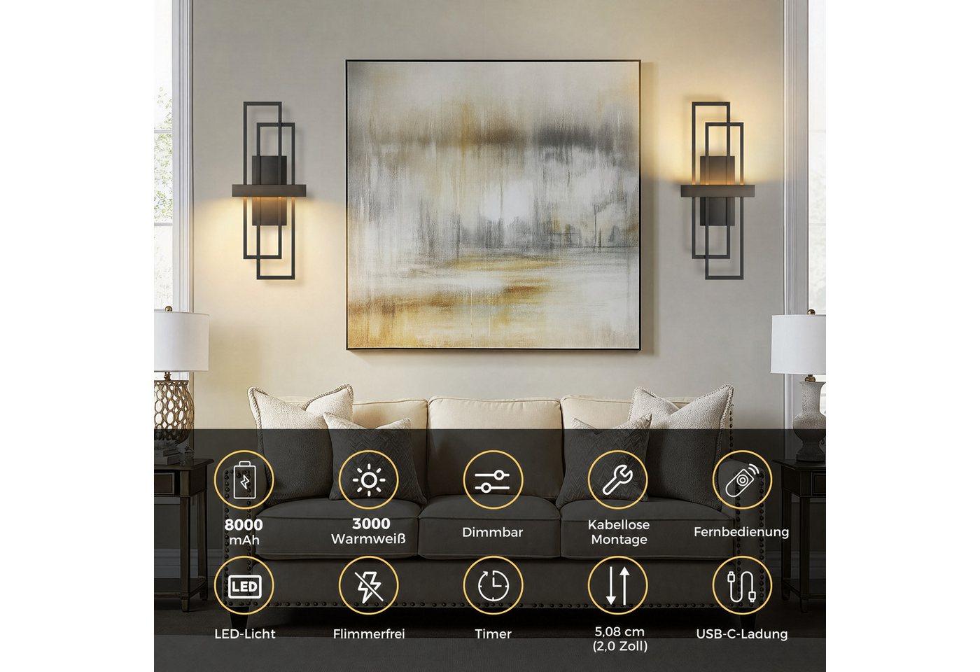 LOHAS-LED Wandleuchte Aufladbare geometrische Metall-Wandleuchten 2er-Set matt schwarz, LED fest integriert, Warmweiß, 8000mAh Akku mit Touch & RF-Fernbedienung, stufenlos dimmbar Bild 3