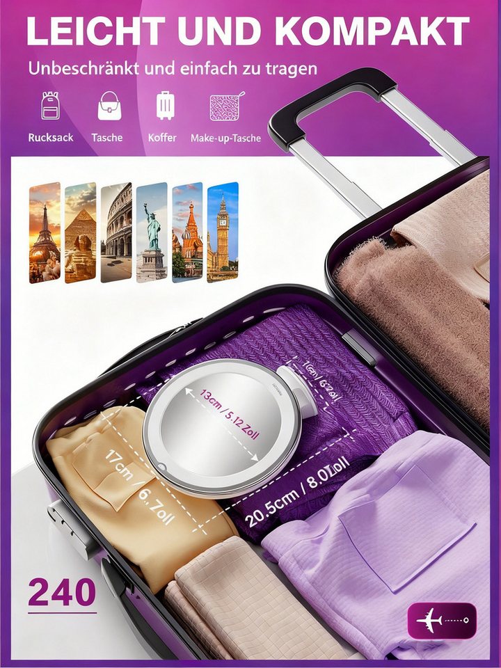 ibettertec Kosmetikspiegel Kosmetikspiegel mit Beleuchtung, 10X Vergrößerung Schminkspiegel, mit Beleuchtung und Stark Saugnapf Bild 2
