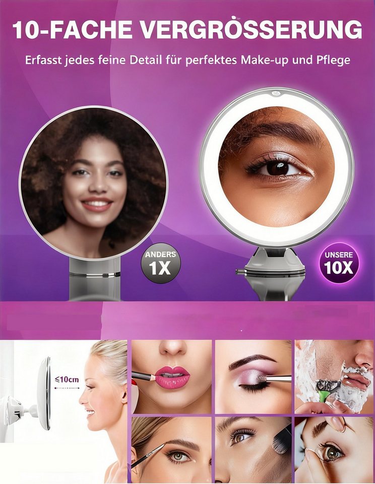 ibettertec Kosmetikspiegel Kosmetikspiegel mit Beleuchtung, 10X Vergrößerung Schminkspiegel, mit Beleuchtung und Stark Saugnapf Bild 3
