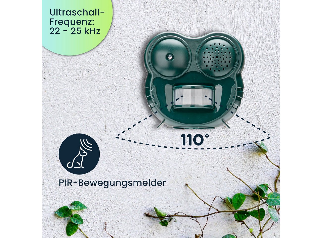 Casativo Ultraschall-Tierabwehr Tiervertreiber LED-Blitzlicht & PIR-Sensor 70 m² 2in1 Tierschreck, 1-tlg., PIR-Sensor 110° Winkel ca. 8 m Reichweite, Licht & Ultraschall