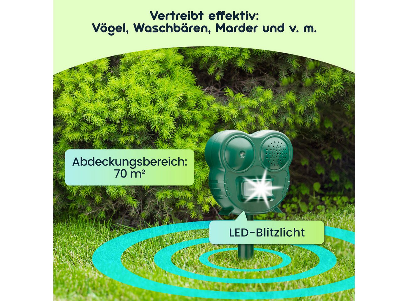 Casativo Ultraschall-Tierabwehr Tiervertreiber LED-Blitzlicht & PIR-Sensor 70 m² 2in1 Tierschreck, 1-tlg., PIR-Sensor 110° Winkel ca. 8 m Reichweite, Licht & Ultraschall Bild 3