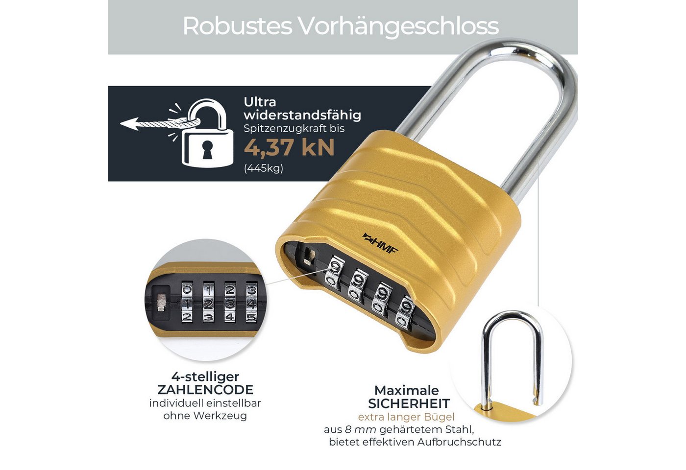 HMF Vorhängeschloss Zahlenschloss Vorhängeschloss mit hohem Bügel, robustes Schloss mit, 4-stelligem Zahlencode Aluminiumlegierung, 5,6 x 2,6 x 11,7 cm, Silber