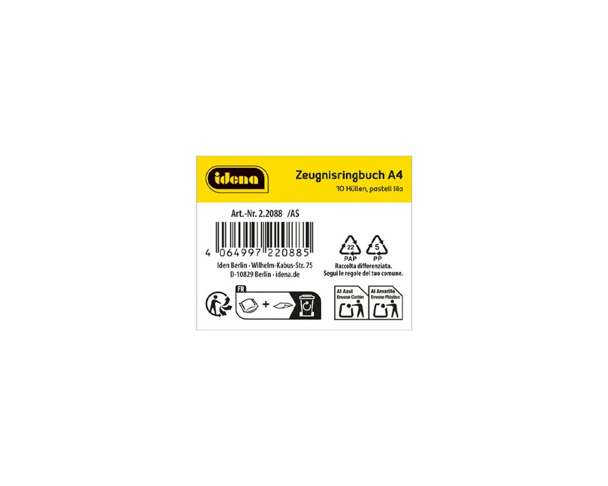 Idena Buchbindemappe Idena Zeugnismappe Ringbuch mit 10 Klarsichthüllen 100µ pastell lila, DIN A4, (