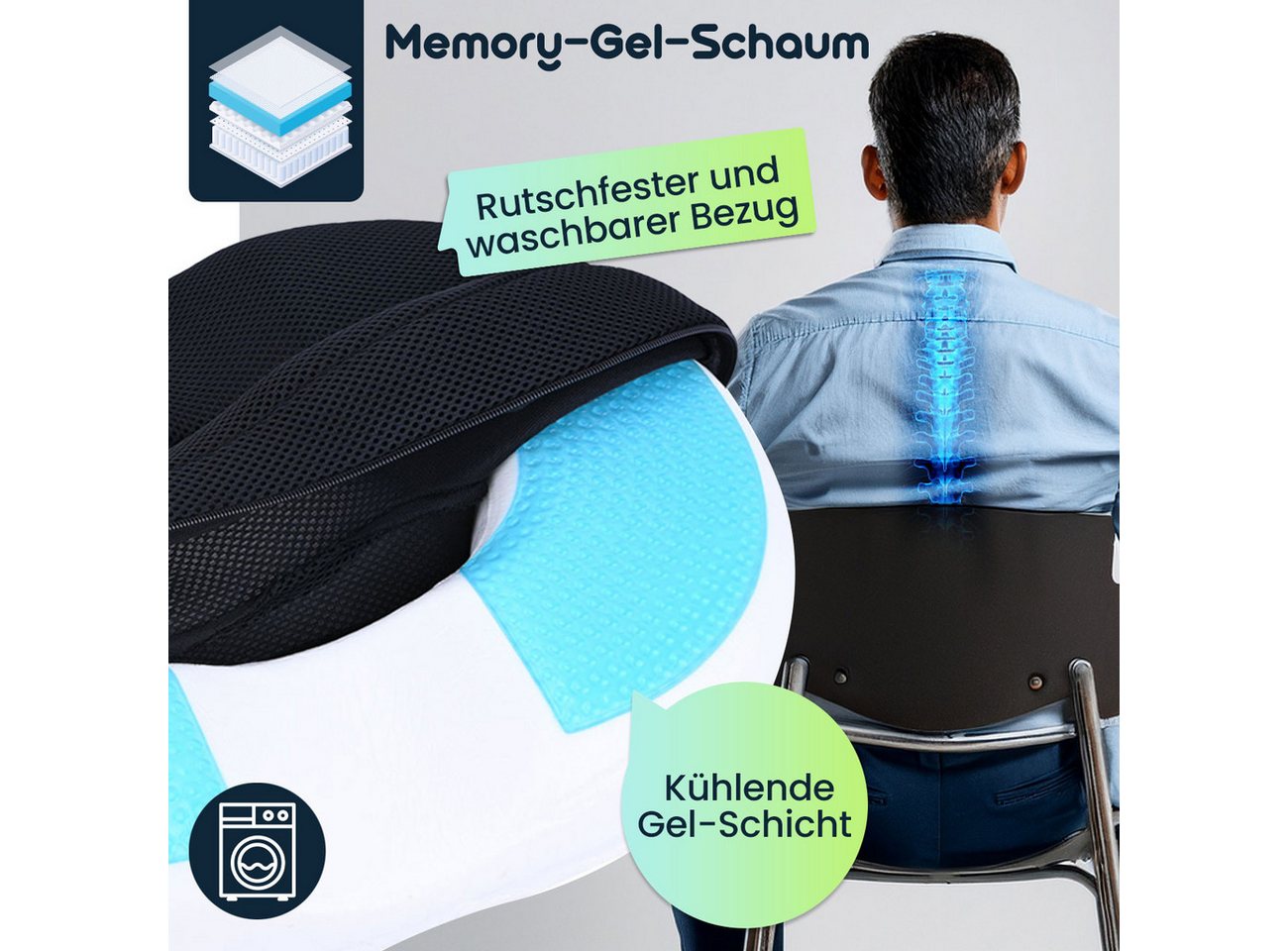 Casativo Sitzkissen Ergonomisches Ring-Sitzkissen aus Memory-Gel-Schaum, für Stuhl, Bürostuhl oder auch im Auto Bild 2