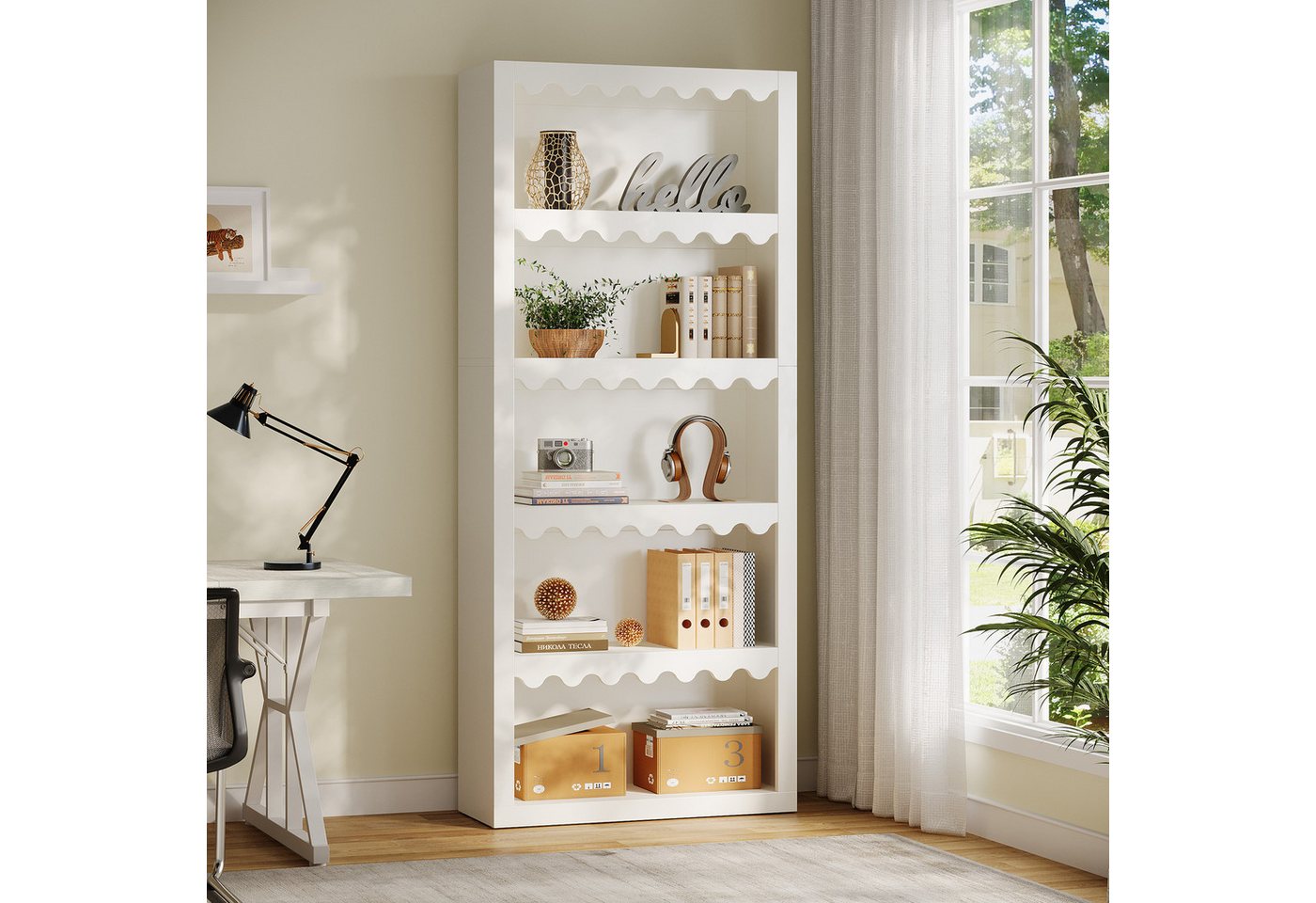 Tribesigns Bücherregal 180 cm hohes weißes Regal mit gewellten Kanten, 5 Ebenen, weiß