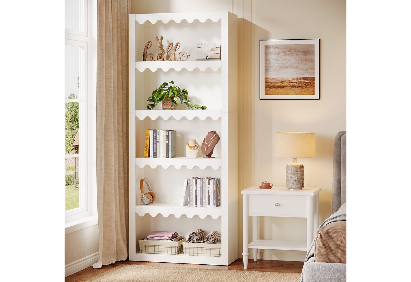 Tribesigns Bücherregal 180 cm hohes weißes Regal mit gewellten Kanten, 5 Ebenen, weiß Bild 2