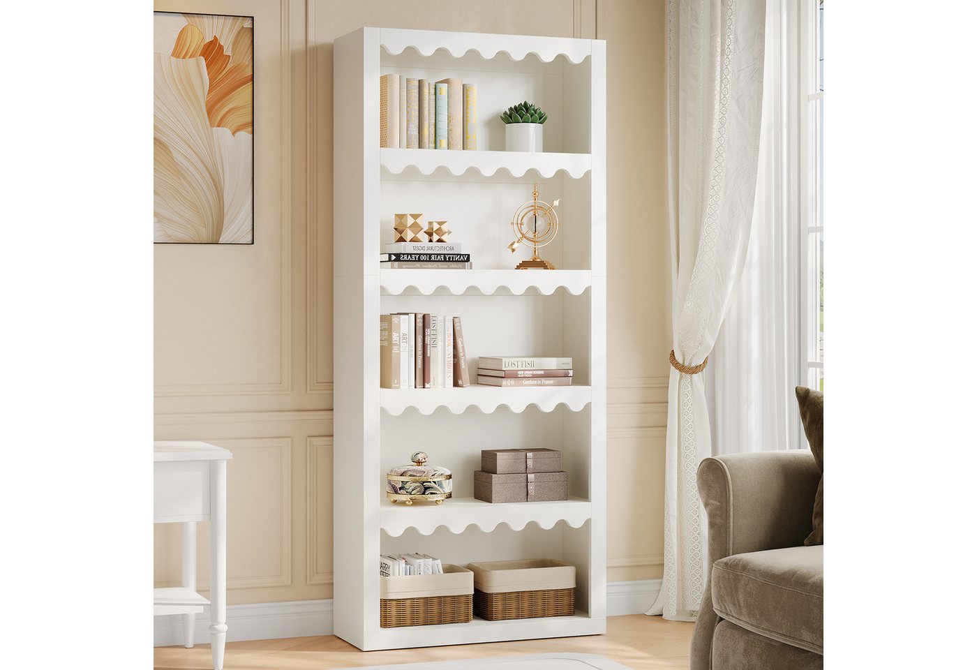 Tribesigns Bücherregal 180 cm hohes weißes Regal mit gewellten Kanten, 5 Ebenen, weiß Bild 5