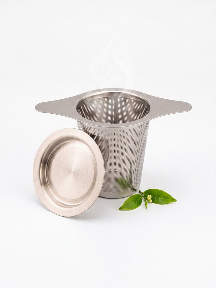 Green Coffein Teesieb Edelstahl-Teesieb mit Deckel, Teefilter für Tassen & Kannen, (Teebereiter-Zubehör / Teesieb-Set, 2-teiliges Set bestehend aus Teefilter und passgenauem Deckel), Feines Universal-Edelstahl-Teesieb mit praktischem Kombi-Deckel