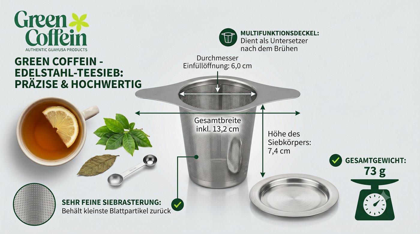 Green Coffein Teesieb Edelstahl-Teesieb mit Deckel, Teefilter für Tassen & Kannen, (Teebereiter-Zubehör / Teesieb-Set, 2-teiliges Set bestehend aus Teefilter und passgenauem Deckel), Feines Universal-Edelstahl-Teesieb mit praktischem Kombi-Deckel Bild 3