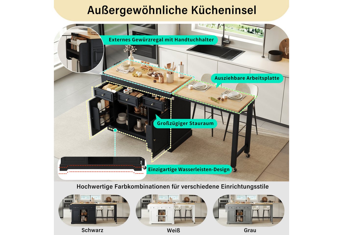 Odikalo Kücheninsel Küchenwagen Küchenschrank mit Gewürzregal und Schubladen, (Kücheninsel auf Rollen Ausziehbarer Essbereich Kücheninsel Mobile Kücheninsel freistehend Seitlich ausziehbare Arbeitsplatte) Bild 2