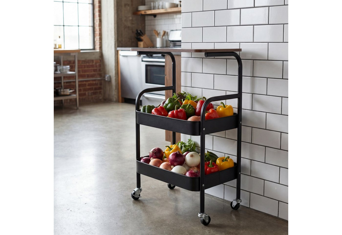 JEOBEST Küchenwagen Metallnutzungen Rollwagen, Regalwagen für Küche,Wohnzimmer, Badezimmer, 3-Tier Küchenwagen mit Tisch, Holztischplatte Bild 4