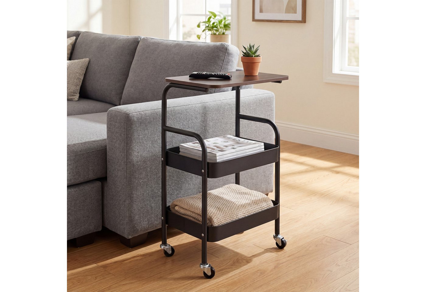 JEOBEST Küchenwagen Metallnutzungen Rollwagen, Regalwagen für Küche,Wohnzimmer, Badezimmer, 3-Tier Küchenwagen mit Tisch, Holztischplatte Bild 5