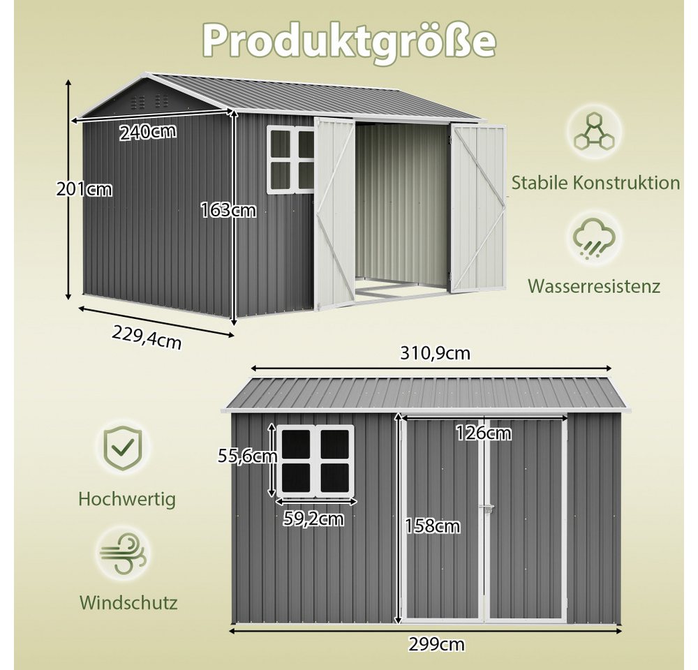 BBWL Gerätehaus mit Fenster, Schloss, Lüftung, UV-Schutz, wasserdichtem Schrägdach, BxT: 310.9x240 cm, Metall Gartenschuppen 10x8 FT 311x240 cm für Garten Bild 5