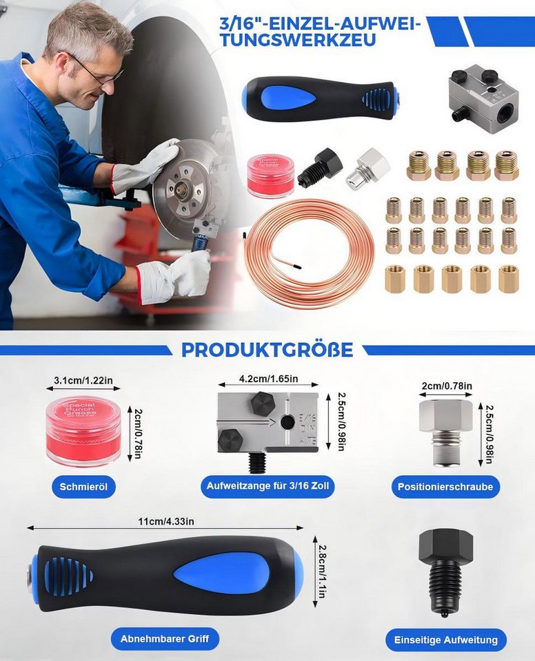 JOYOLEDER Bördelgerät Bremsleitung Bördelgerät für DIN Bördelungen, 4,75 mm, (Universal-Bremsleitungs-Bördelgerät-Satz, 7,62m Ø4,75mm Bremsleitung, mit 16 Anschlüssen+5 Verbinder), für Brems- Bzw Hydraulikleitungen Verwendet Bild 5