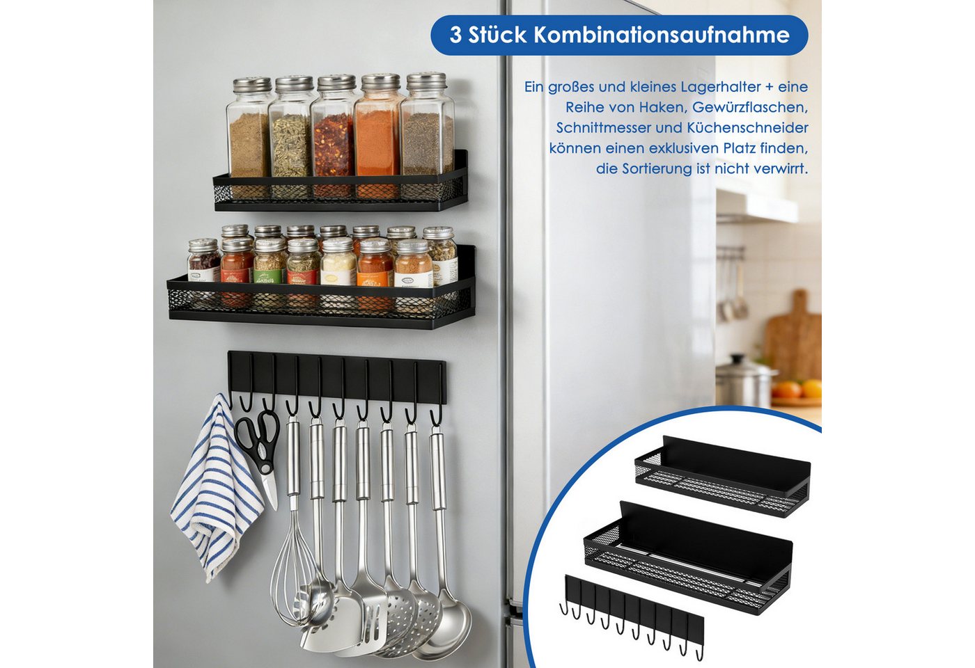 BlingBin Gewürzregal Magnetisches 3 Stück Kühlschrank Organizer,für Küchenorganisation, 3er Set 1-tlg., Metall bewegliche Veranstalter Gewürzhalter Platzsparende,ohne Bohren