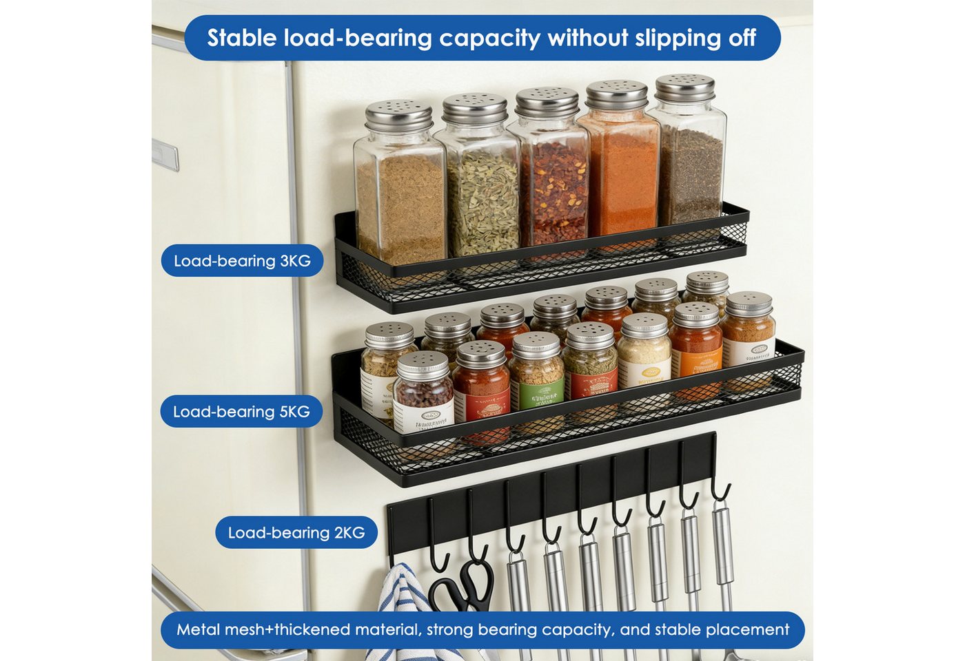 BlingBin Gewürzregal Magnetisches 3 Stück Kühlschrank Organizer,für Küchenorganisation, 3er Set 1-tlg., Metall bewegliche Veranstalter Gewürzhalter Platzsparende,ohne Bohren Bild 4
