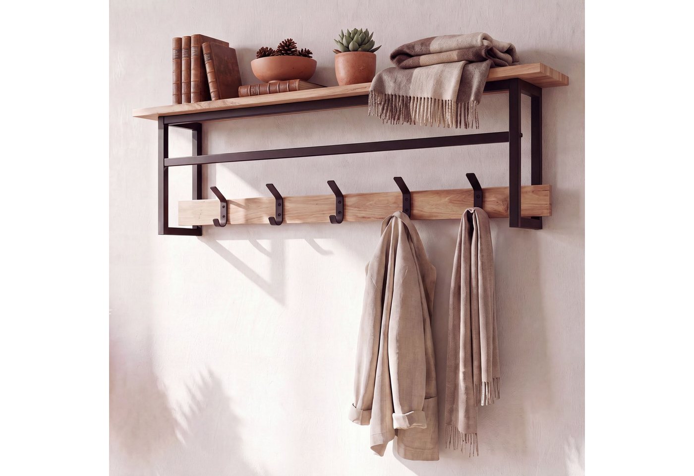 FINEBUY Wandgarderobe Hängegarderobe 100cm Garderobe Flurgarderobe Massivholz Metall (Garderobenpaneel mit fünf Haken für deinen Flur), Garderobenleiste mit Ablage und Kleiderstange
