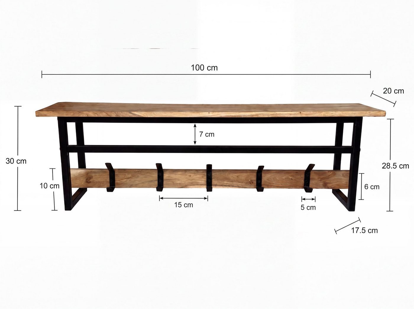 FINEBUY Wandgarderobe Hängegarderobe 100cm Garderobe Flurgarderobe Massivholz Metall (Garderobenpaneel mit fünf Haken für deinen Flur), Garderobenleiste mit Ablage und Kleiderstange Bild 2