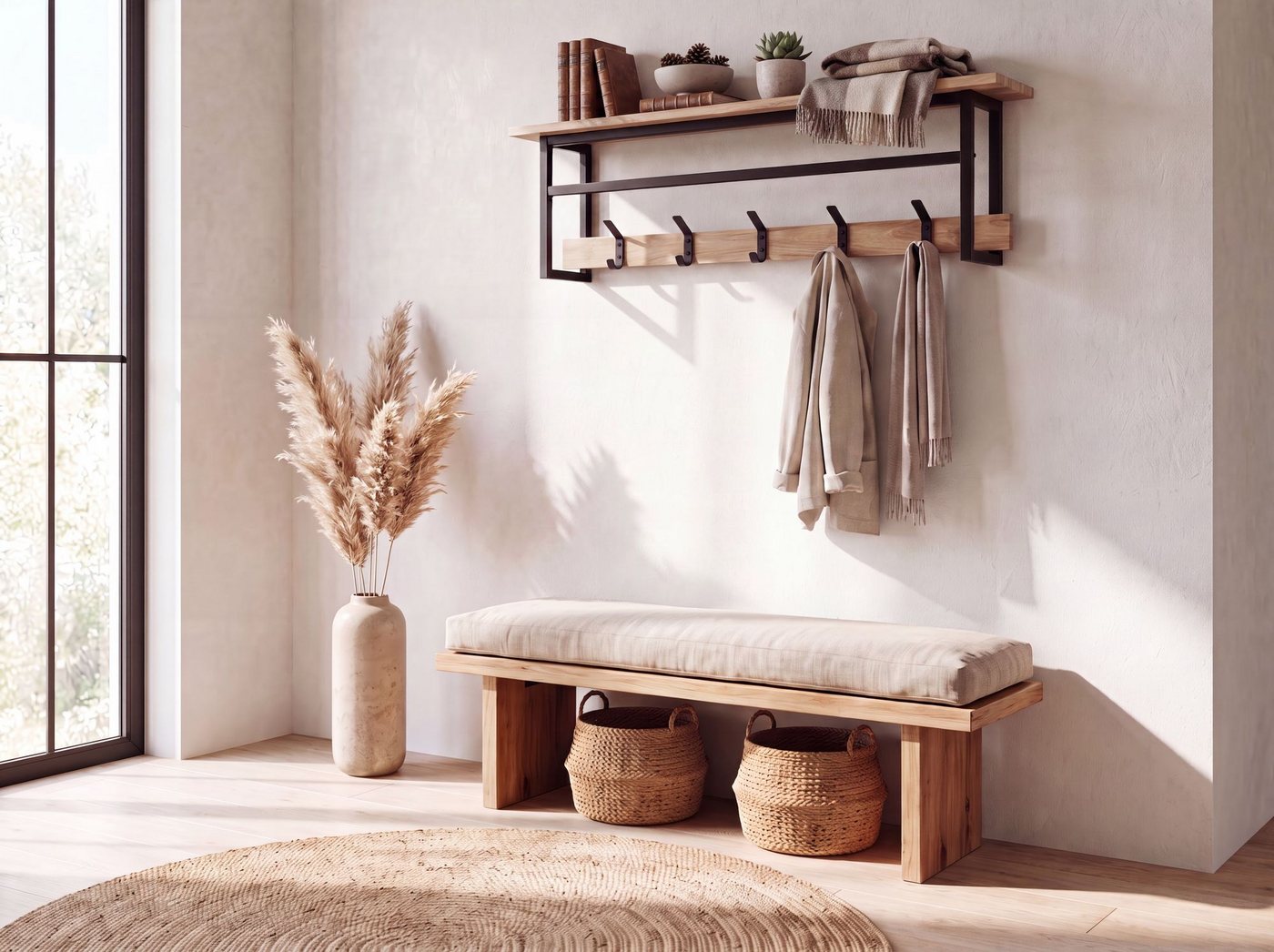 FINEBUY Wandgarderobe Hängegarderobe 100cm Garderobe Flurgarderobe Massivholz Metall (Garderobenpaneel mit fünf Haken für deinen Flur), Garderobenleiste mit Ablage und Kleiderstange Bild 4