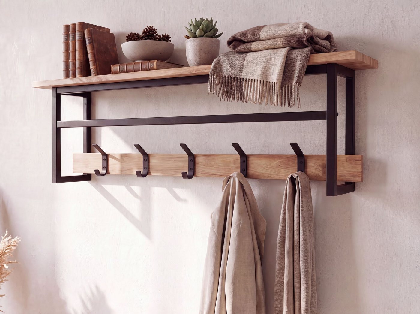 FINEBUY Wandgarderobe Hängegarderobe 100cm Garderobe Flurgarderobe Massivholz Metall (Garderobenpaneel mit fünf Haken für deinen Flur), Garderobenleiste mit Ablage und Kleiderstange Bild 5