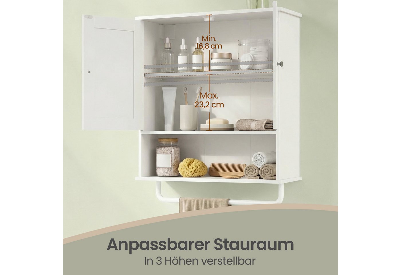 VASAGLE Hängeschrank Badezimmerschrank, Medizinschrank mit verstellbarem Einlegeboden Wandschrank mit Türen, Handtuchhalter und offenem Fach