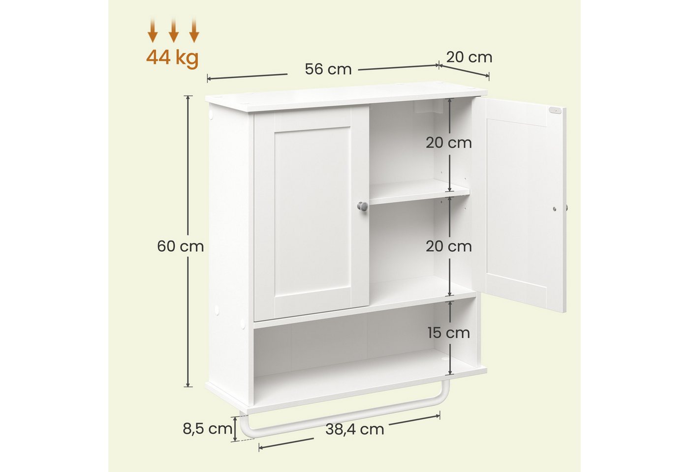 VASAGLE Hängeschrank Badezimmerschrank, Medizinschrank mit verstellbarem Einlegeboden Wandschrank mit Türen, Handtuchhalter und offenem Fach Bild 3