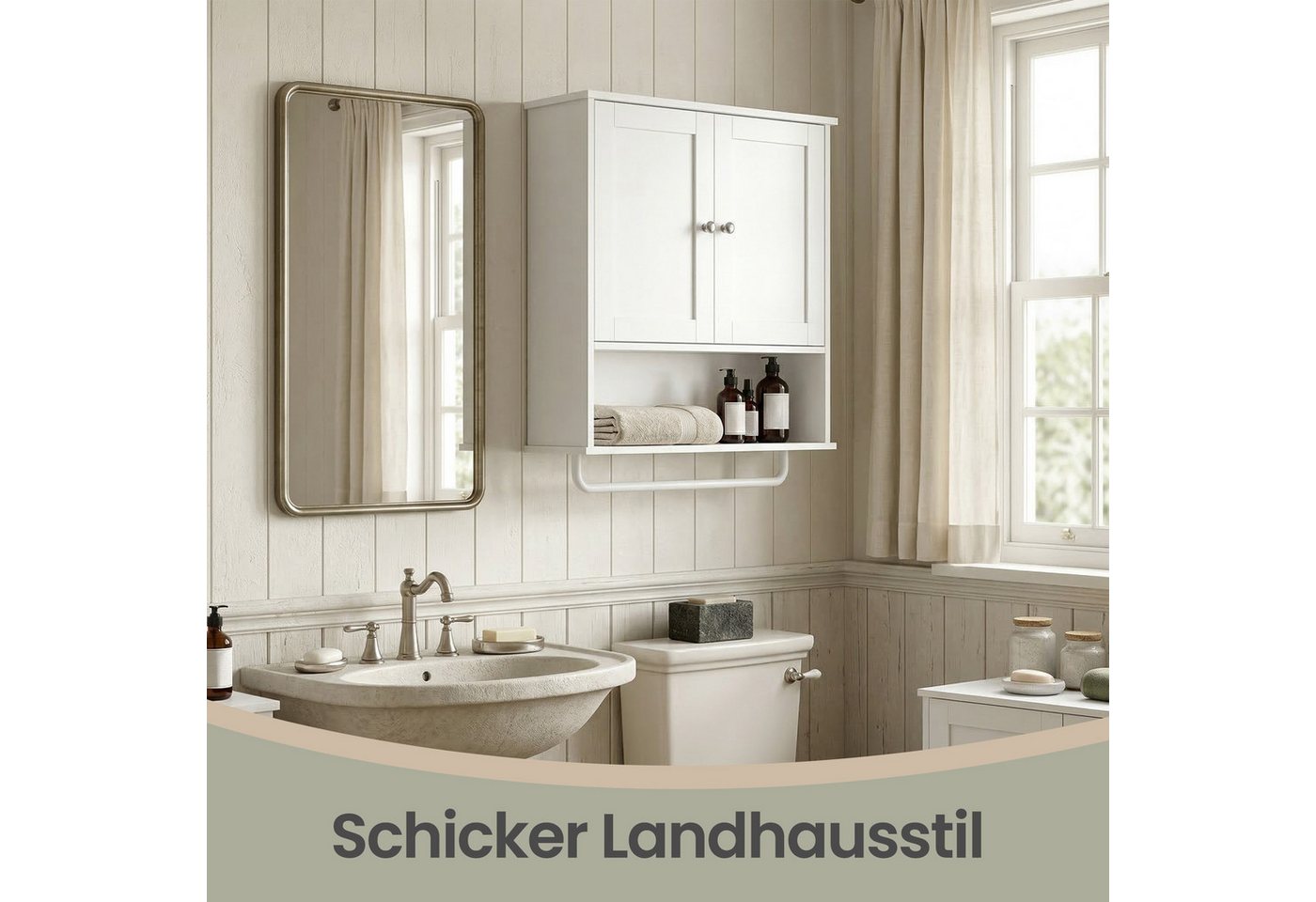VASAGLE Hängeschrank Badezimmerschrank, Medizinschrank mit verstellbarem Einlegeboden Wandschrank mit Türen, Handtuchhalter und offenem Fach Bild 4