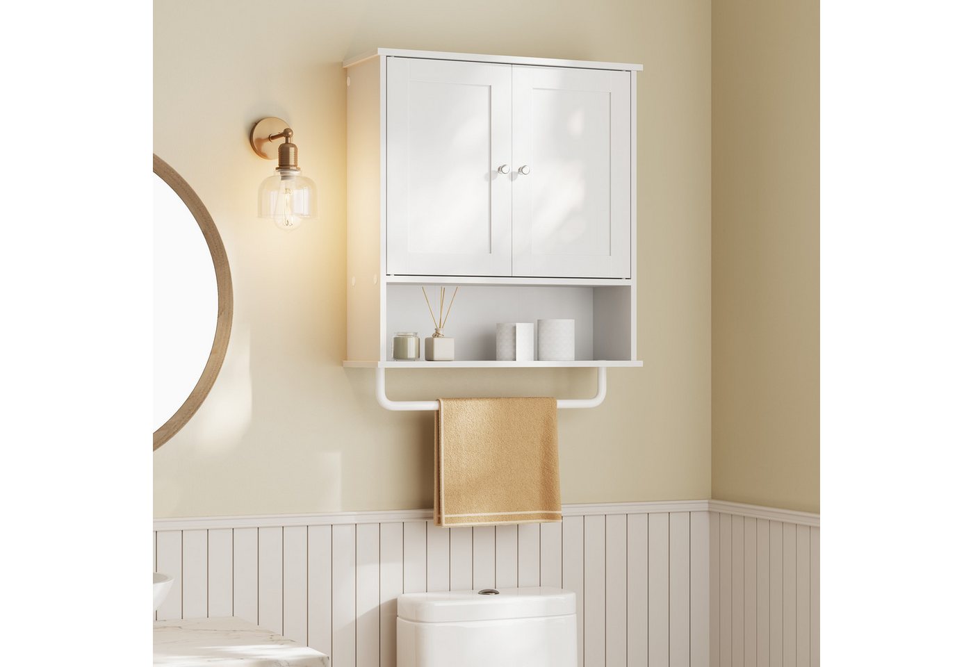VASAGLE Hängeschrank Badezimmerschrank, Medizinschrank mit verstellbarem Einlegeboden Wandschrank mit Türen, Handtuchhalter und offenem Fach Bild 5