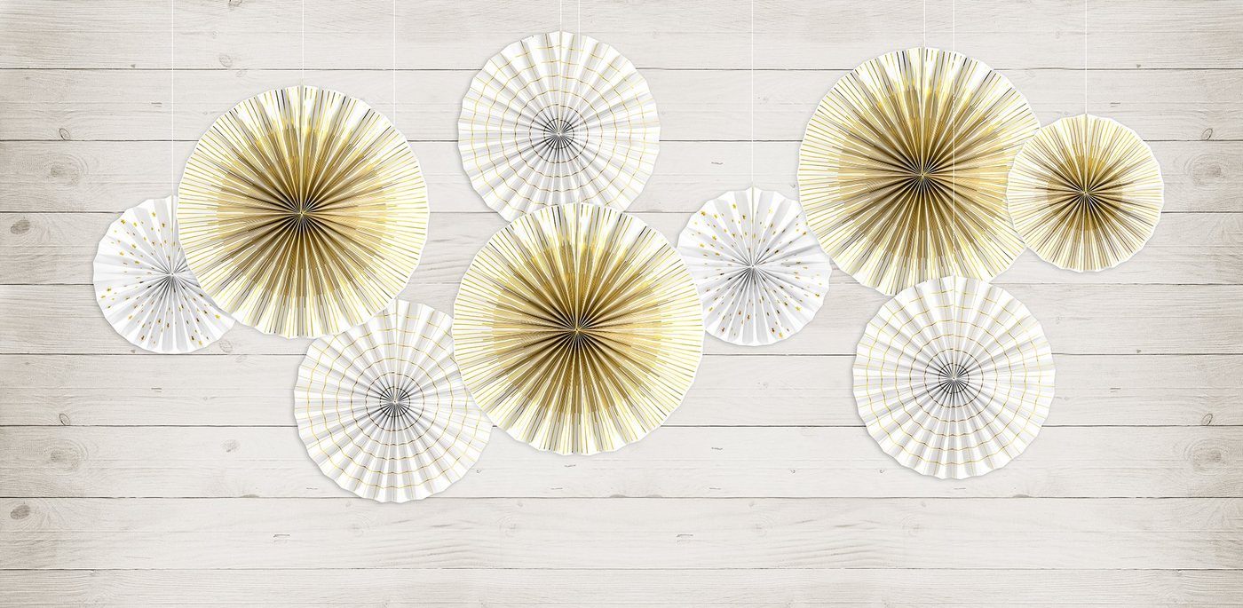 partydeco Papierrosette, Deko Papier Rosetten mit Muster 23-40cm weiß gold 4er Set Bild 3