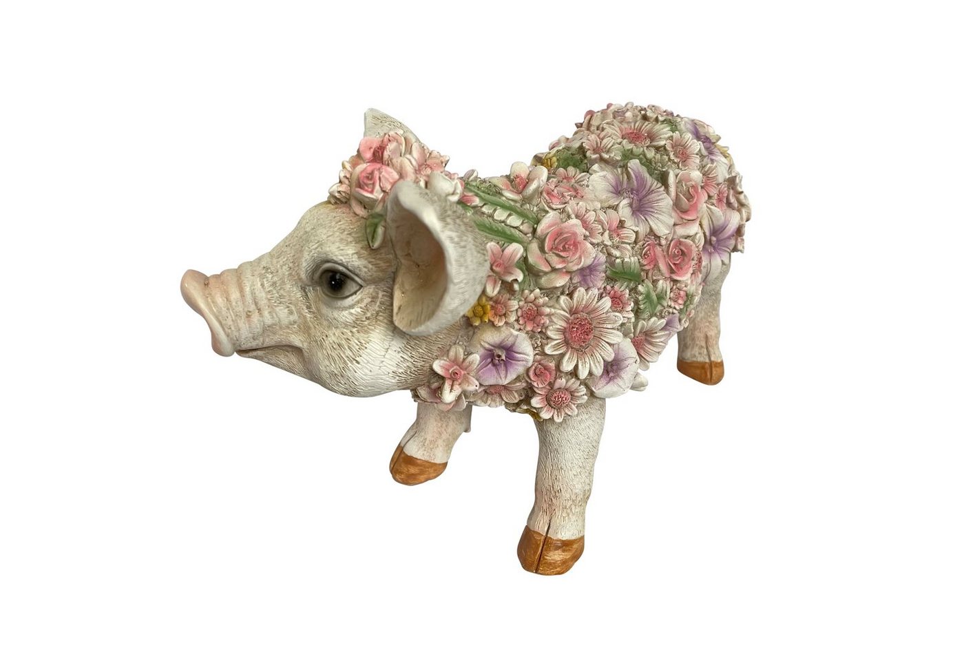 Online-Fuchs Gartenfigur süßes STEHENDES Schwein mit Blumenkleid verziert Ferkel Tiere groß, Maße 34 cm lang, 14 cm breit und 18 cm hoch, Balkon, Terrasse