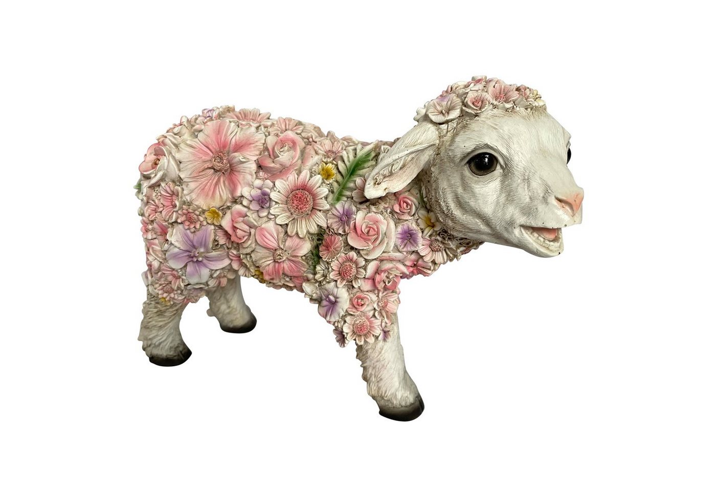 Online-Fuchs Gartenfigur süßes STEHEND Schaf mit Blumenkleid verziert Lamm Deko Tiere groß, Maße ca. 30x14x22 cm, Balkon, Terrasse