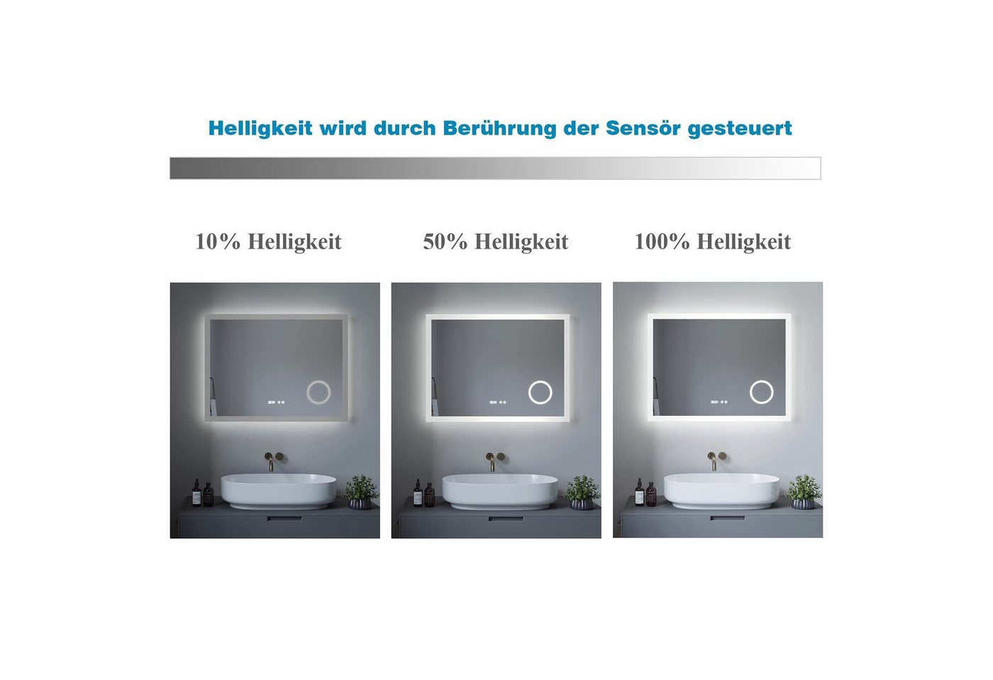 AQUALAVOS Badspiegel Badspiegel mit licht Beleuchtung 100-120 cm Touch Uhr dimmbar Spiegel, mit 3-Fach Vergrößerung Schminkspiegel, Speicherfunktion, Wandschalter Bild 2