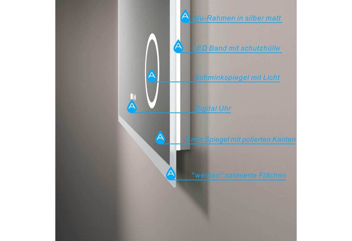 AQUALAVOS Badspiegel Badspiegel mit licht Beleuchtung 100-120 cm Touch Uhr dimmbar Spiegel, mit 3-Fach Vergrößerung Schminkspiegel, Speicherfunktion, Wandschalter Bild 4