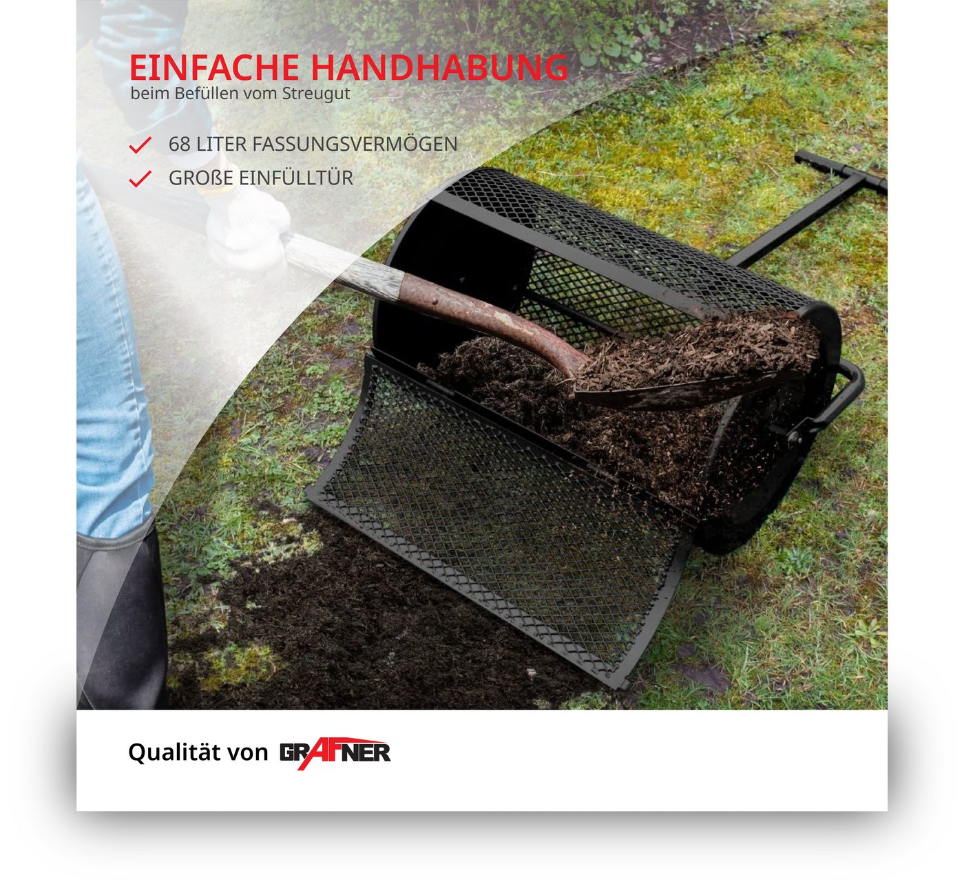 Grafner Streuwagen Rasenstreuer 68L Kompoststreuer Torfstreuer Düngerstreuer Garten, 60,00 cm Arbeitsbreite, 68,00 l Füllmenge, zum gleichmäßigen Ausbringen von Saaten, Dünger uvm. Bild 4