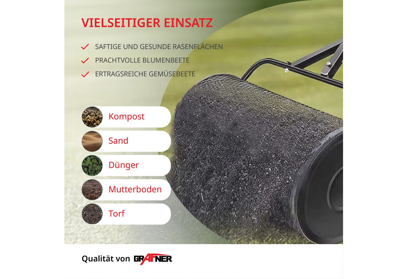 Grafner Streuwagen Rasenstreuer 68L Kompoststreuer Torfstreuer Düngerstreuer Garten, 60,00 cm Arbeitsbreite, 68,00 l Füllmenge, zum gleichmäßigen Ausbringen von Saaten, Dünger uvm. Bild 5