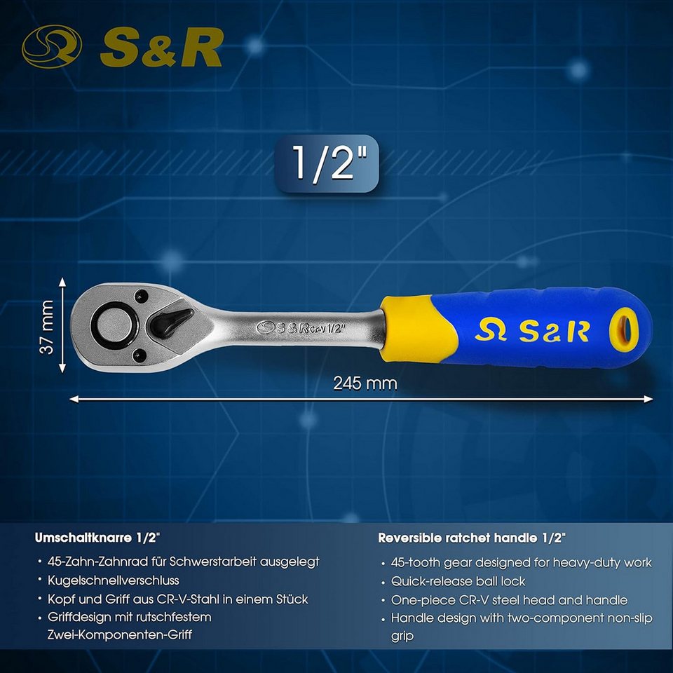S&R Umschaltknarre 1/2 Zoll, CrV-Stahl, umschaltbare Ratsche für Links- und Rechtsanzug, Vierkantabtrieb, Hebelratsche 45 Zähne, Betätigungswinkel 8°