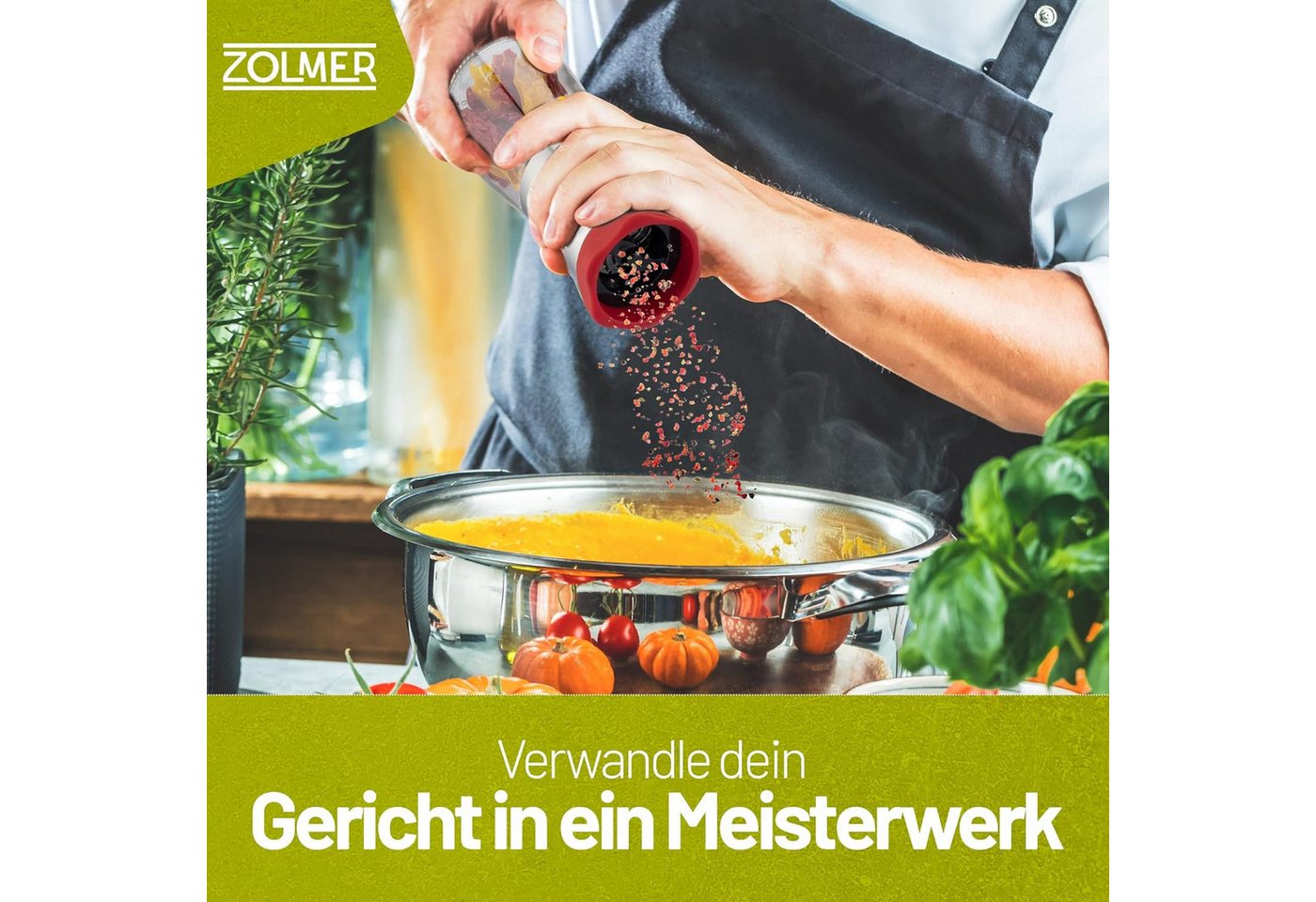 ZOLMER Chilimühle aus Edelstahl & Glas, Gewürzschneider Schneidwerk Chilischneider für grobe Gewürze & Chili, (1 Stück), Gewürzmühle Kräutermühle - mit Aroma-Schutzdeckel