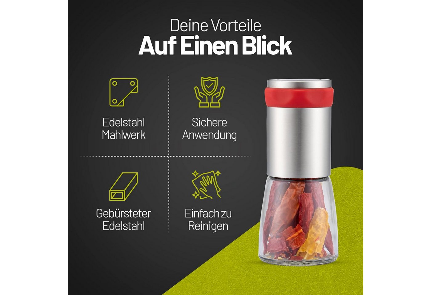 ZOLMER Chilimühle aus Edelstahl & Glas, Gewürzschneider Schneidwerk Chilischneider für grobe Gewürze & Chili, (1 Stück), Gewürzmühle Kräutermühle - mit Aroma-Schutzdeckel Bild 4