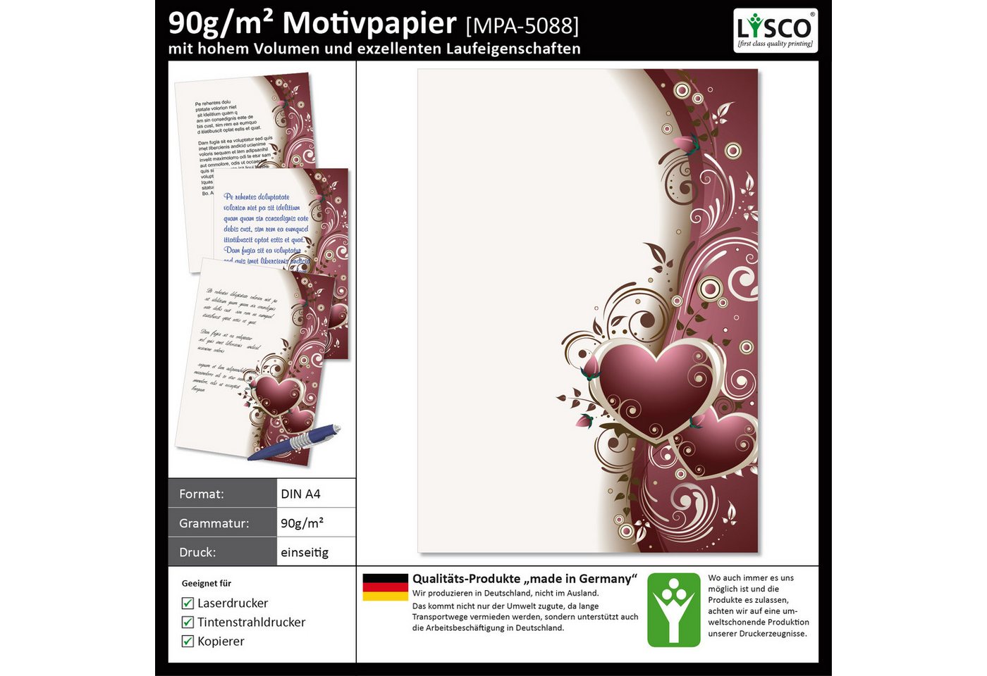 LYSCO Briefpapier Motivpapier - wunderschön verzierte Herzen, DIN A4, Romantik-Flair, einseitig bedruckt-für alle Drucker geeignet