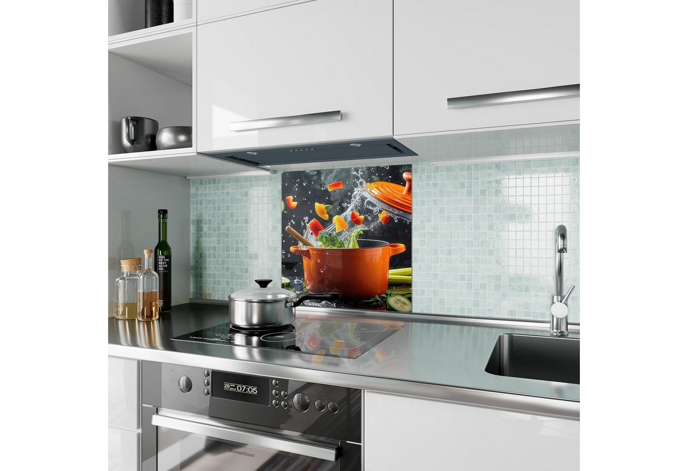 Primedeco Küchenrückwand Spritzschutz, Herdblende aus Glas - Motiv Kochtopf mit Gemüse Bild 2