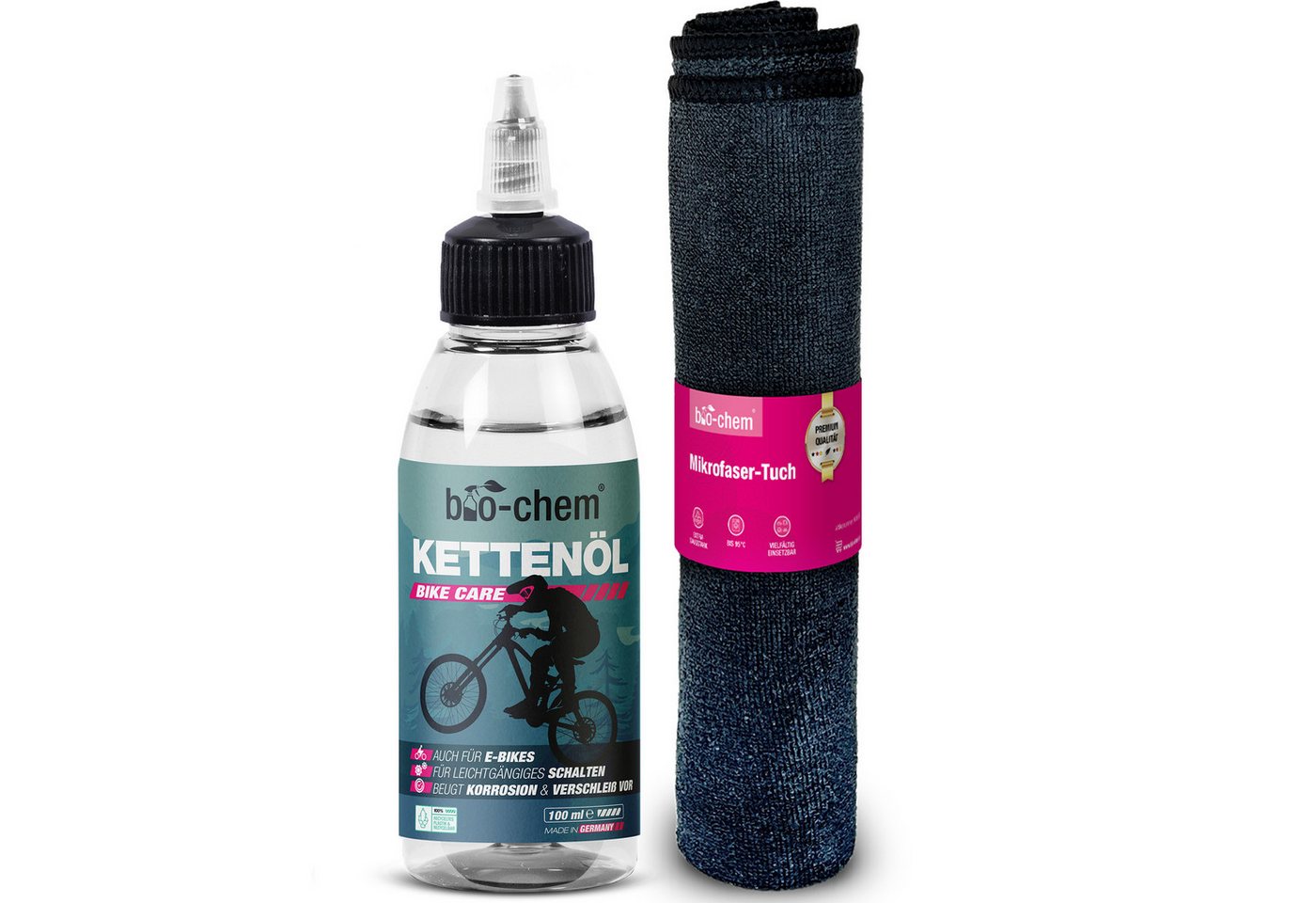 bio-chem Kettenöl bio-chem Kettenöl Fahrrad Universal Ketten Öl 100 ml, (Kettenöl 100 ml Tropfflasche + Mikrofasertuch, 2-St., Kettenöl 100 ml Tropfflasche + Mikrofasertuch), Präzise Dosierung mit Tropfflasche Bild 2