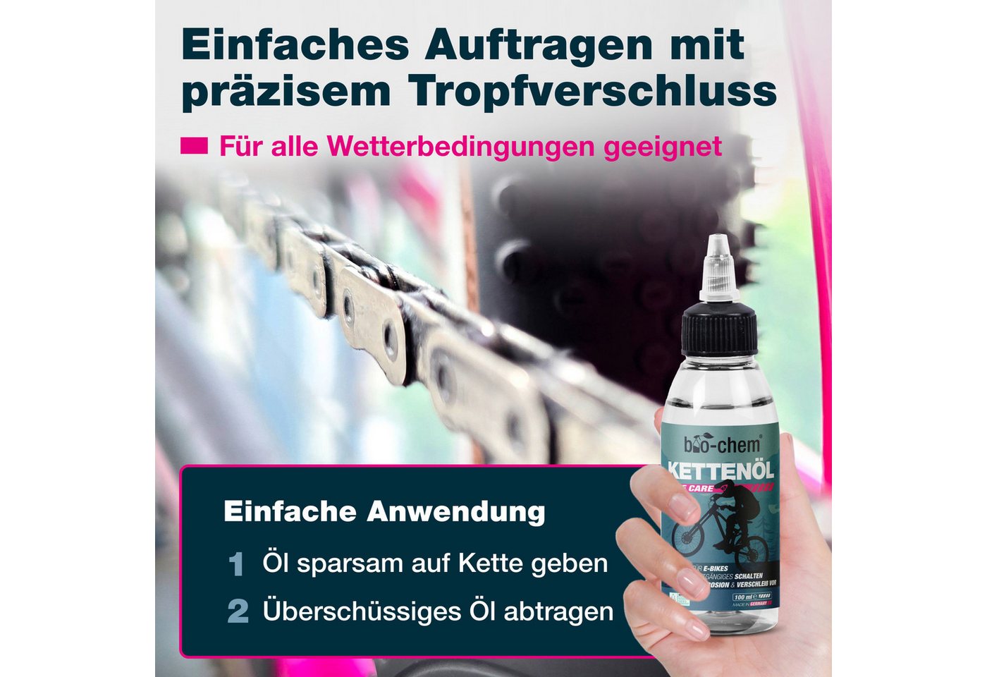 bio-chem Kettenöl bio-chem Kettenöl Fahrrad Universal Ketten Öl 100 ml, (Kettenöl 100 ml Tropfflasche + Mikrofasertuch, 2-St., Kettenöl 100 ml Tropfflasche + Mikrofasertuch), Präzise Dosierung mit Tropfflasche Bild 5