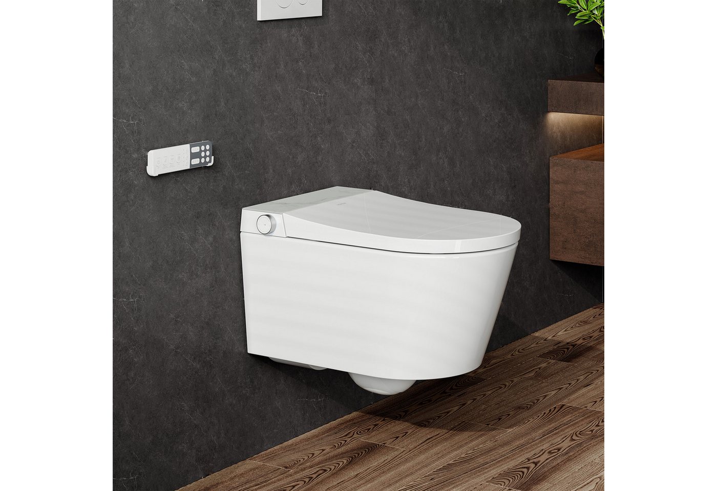 HOROW Dusch-WC Intelligente WC mit Bidet Funktion, Wand-WC, Japanische spülrandlos WC, Wand WC, Abgang waagerecht, mit Warmwasser, Beheizter Sitz, Instellbarem Wasserdruck, Warme Lufttrocknung, Damenpflege