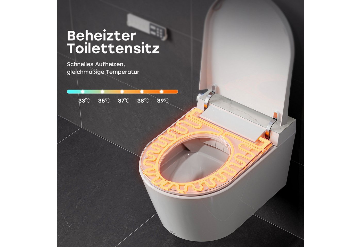 HOROW Dusch-WC Intelligente WC mit Bidet Funktion, Wand-WC, Japanische spülrandlos WC, Wand WC, Abgang waagerecht, mit Warmwasser, Beheizter Sitz, Instellbarem Wasserdruck, Warme Lufttrocknung, Damenpflege Bild 2