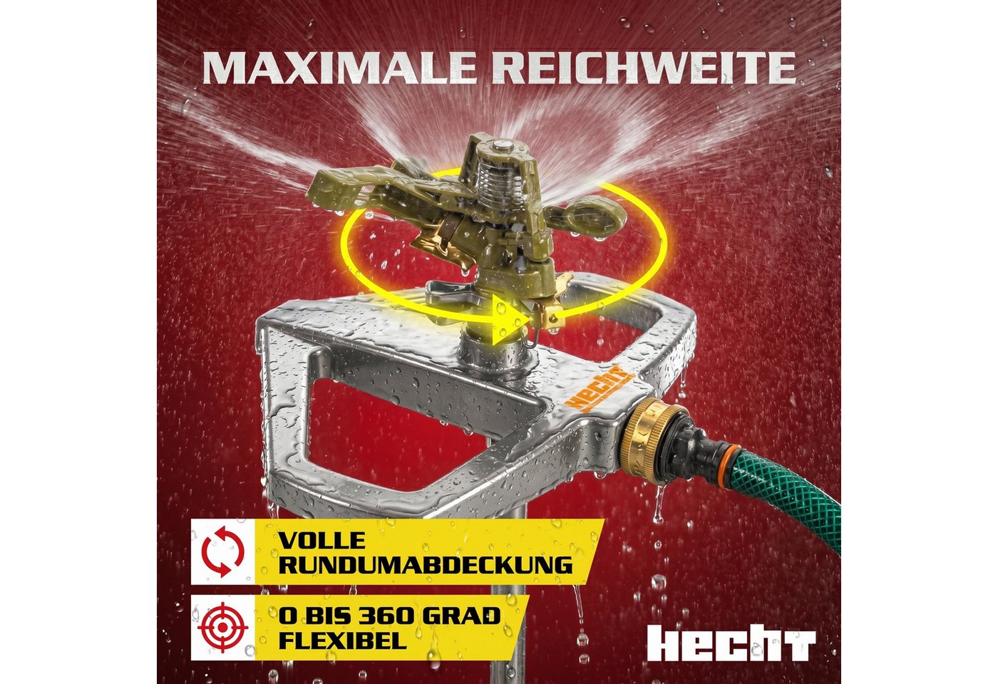 Hecht Kreisregner Impulsregner 06043 bis 450 m², für Flächen bis 450 m², sicherer Standfuß, 0 - 360° schwenkbar