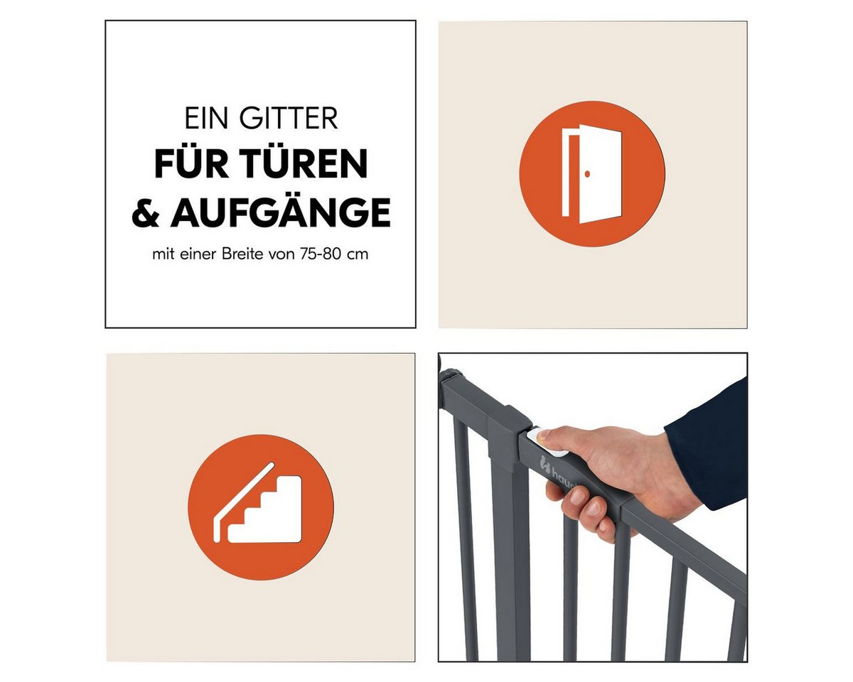 Hauck Türschutzgitter Open N Stop 2 - Dark Grey, Treppenschutzgitter Set mit Verlängerung & 3x Klemmschutz ohne Bohren