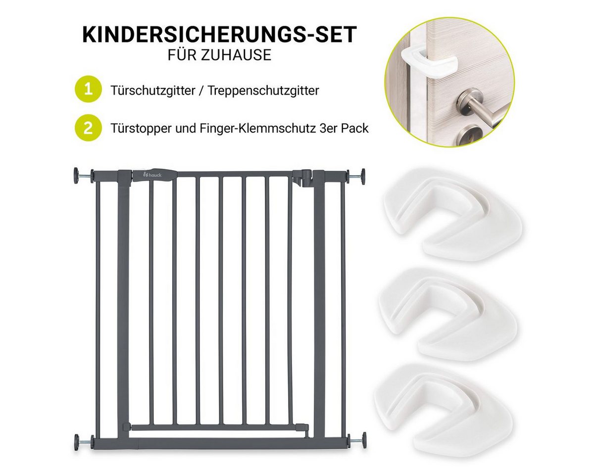 Hauck Türschutzgitter Open N Stop 2 - Dark Grey, Treppenschutzgitter Set mit Verlängerung & 3x Klemmschutz ohne Bohren Bild 2