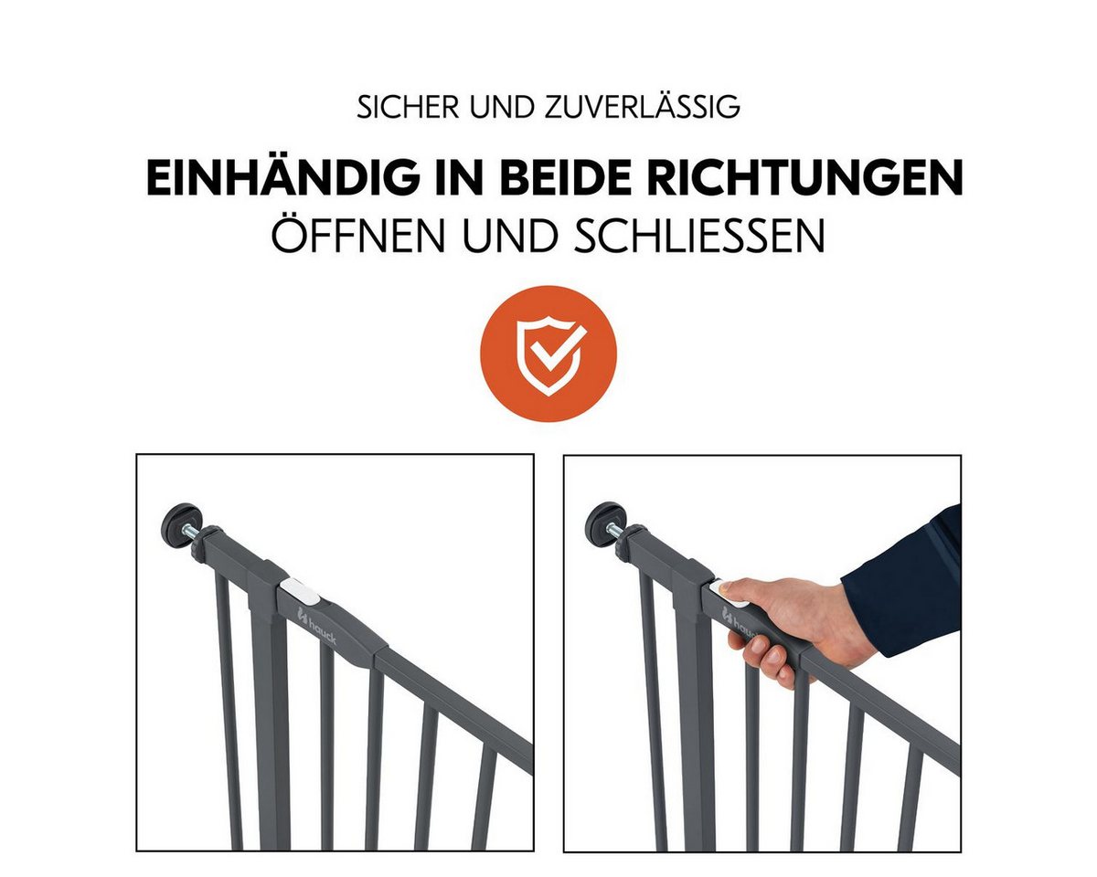 Hauck Türschutzgitter Open N Stop 2 - Dark Grey, Treppenschutzgitter Set mit Verlängerung & 3x Klemmschutz ohne Bohren Bild 3