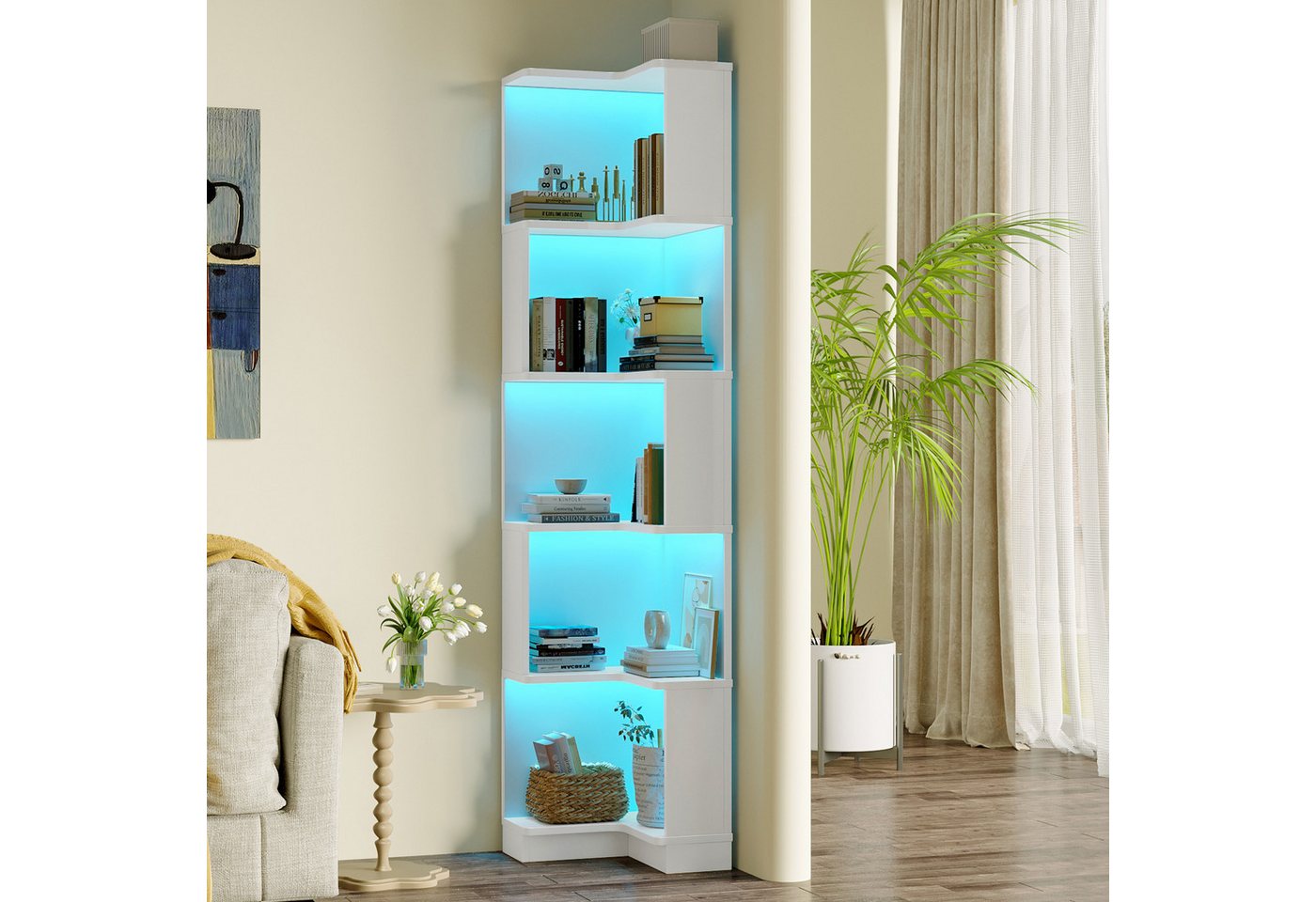 Flieks Bücherregal Standregal Eckregal mit LED-Beleuchtung und 6 Ebenen/5 Ebenen, B63,5/T45/H175 cm 1-tlg., Eckbücherregal mit 5 Fächer L-förmig Hochschrank Eckregal Weiß Bild 2